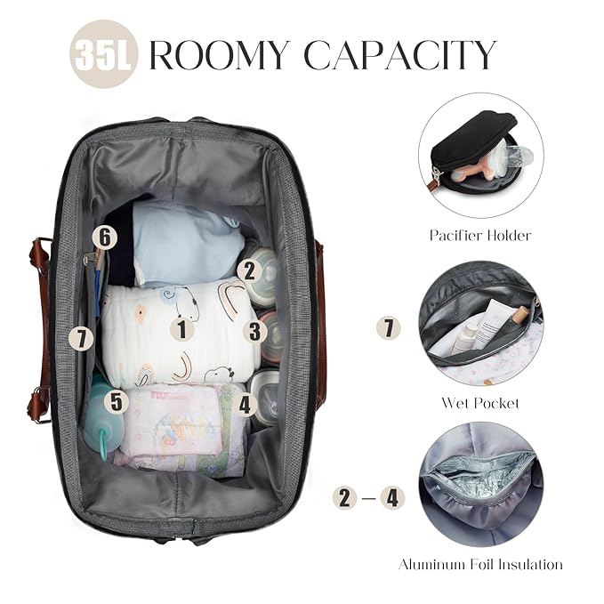 printe 6pcs Large Diaper Bag Tote with Changing Pad & 2 Organized Pouches, Mom's Bag for Hospital with Pacifier Case, Straps, Stroller Hook, Baby Diaper Bag for Weekender Travel