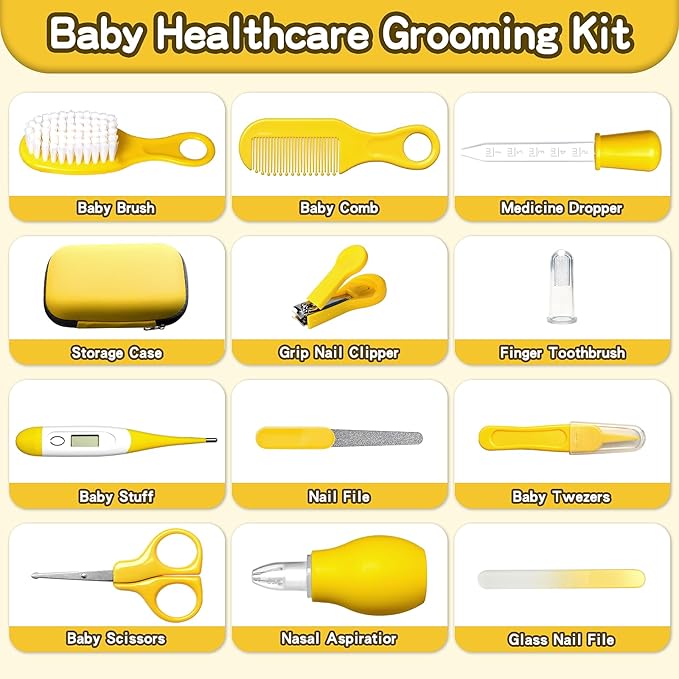 Baby Healthcare and Grooming Kit, Baby Safety Care Set, Baby Electric Nail Trimmer Set Newborn Nursery Health Care Set for Newborn Infant Toddlers Baby Boys Girls Kids (Yellow-18 Kits)