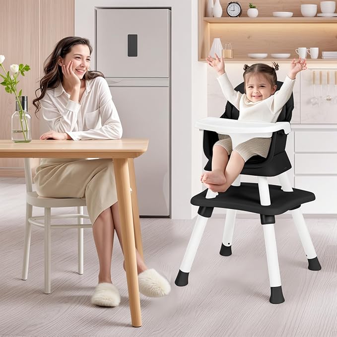 Kinder King 8 in 1 Baby High Chair, Coverts to Dining Booster Seat/Kids Table & Chair Set/Toddler Building Block Table/Kids Stool, Removable Tray & Double Seat Cover, Easy to Wipe, Black & White