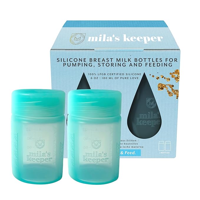 Mila's Keeper Premium Silicone Breast Milk Storage Bottles, for Pumping, Storing and Feeding, Fits Leading Pumps and Nipples, 6 oz Silicone Milk Storage Containers, Wide Neck Ocean Mist, Set of 2