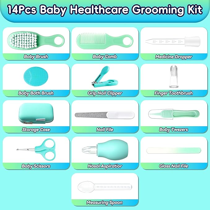 Baby Healthcare and Grooming Kit, 14 in 1 Baby Safety Set Newborn Nursery Health Care Set with Hair Brush Scale Nail Clippers for Baby Girls Boys(14 Kits Green)