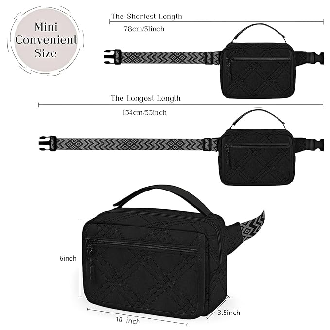 Small Diaper Bag with Portable Changing Pad, Mini Crossbody Diaper FannyPack with Wipes Pocket, Women Waist Bag for Travel (Quilted Black, Large)