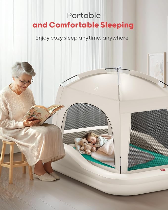 QPAU Inflatable Toddler Travel Bed with Tent, Portable Kids Air Mattress with Safety Sides, Ideal for Home, Grandma's, Camping, Traveling -Includes Fast Electric Pump