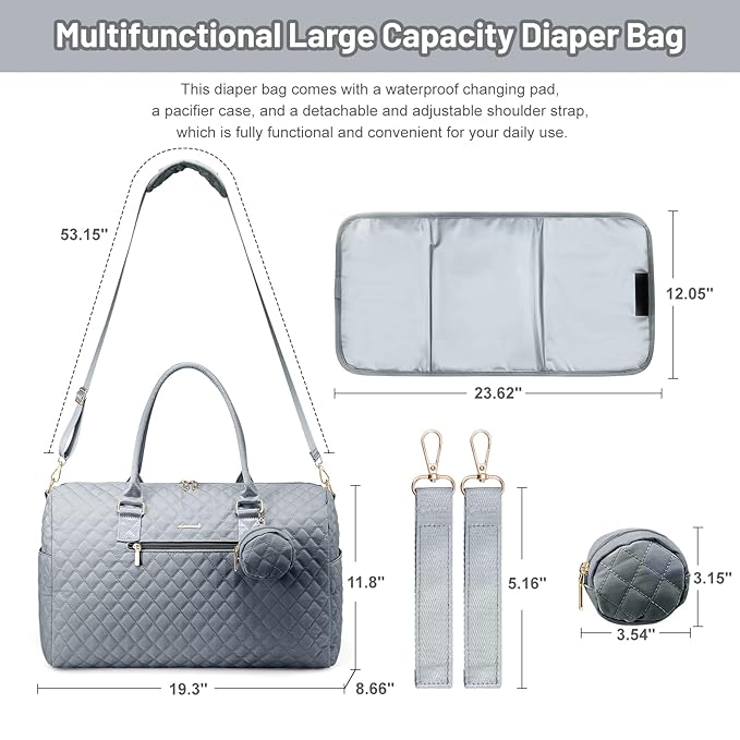 LOVEVOOK Diaper Bag Tote with Pacifier Case and Changing Pad, Large Capacity Mommy Bag for Hospital and Weekender Travel, Functional Baby Bag Newborn Baby Essential, Grey