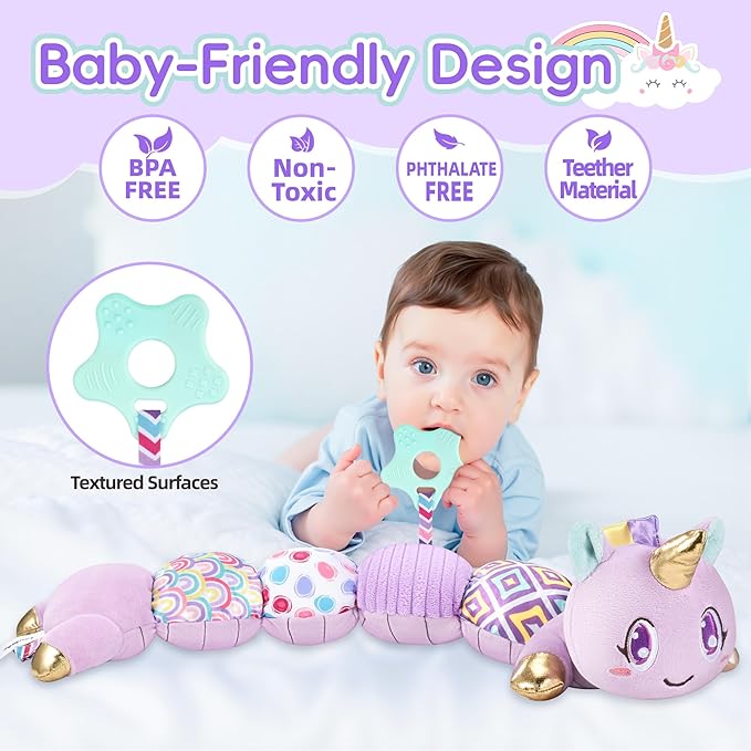 Unicorn Baby Toys 6-12 Months Infant Musical Stuffed Toys for Newborn Tummy Time Sensory Toys for Babies with Crinkle and Rattle 0-3-6-12 Months Old Baby Girl Must Have Christmas Gifts - Purple