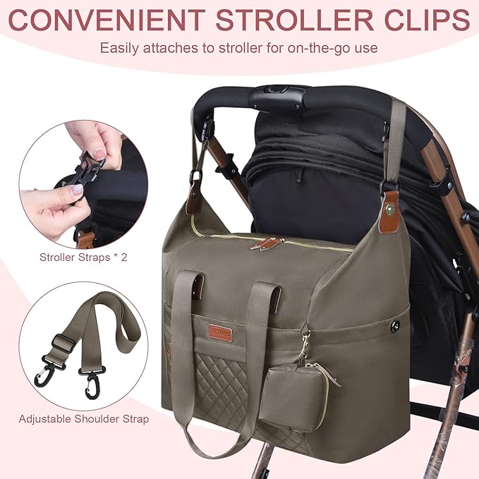 Diaper Bag Tote, Diaper Baby Bags with Pacifier Case, Shoulder Straps, Stroller Clips, Waterproof Large Mommy Bag Maternity Bag Travel Baby Bag for Mom and Dad, khaki