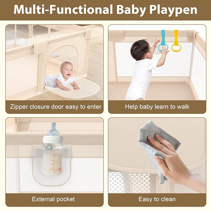 Playpen for Babies and Toddlers 50x50 inch - Baby Gate Playyard with Soft Breathable Mesh Cover - Indoor and Outdoor Baby Play Pen - Portable Playpen for Babies (Apricot)