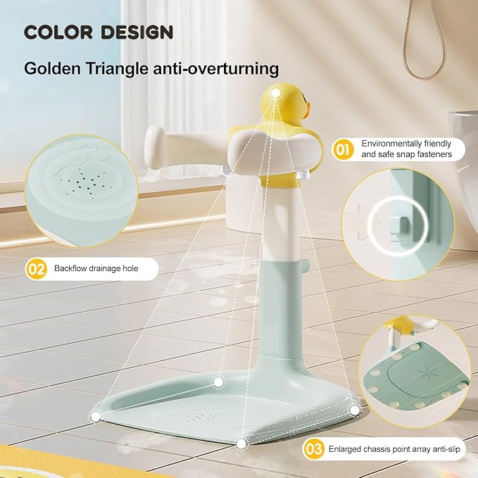 Baby Shower Stand, Foldable Baby Duck Frug Bath Stand Adjustable Infant Bath Support Toddler Shower Stands with Anti-Slip Base Drainage Holes Showers Head Holder for Infants 8-24 Months Gift Pink A
