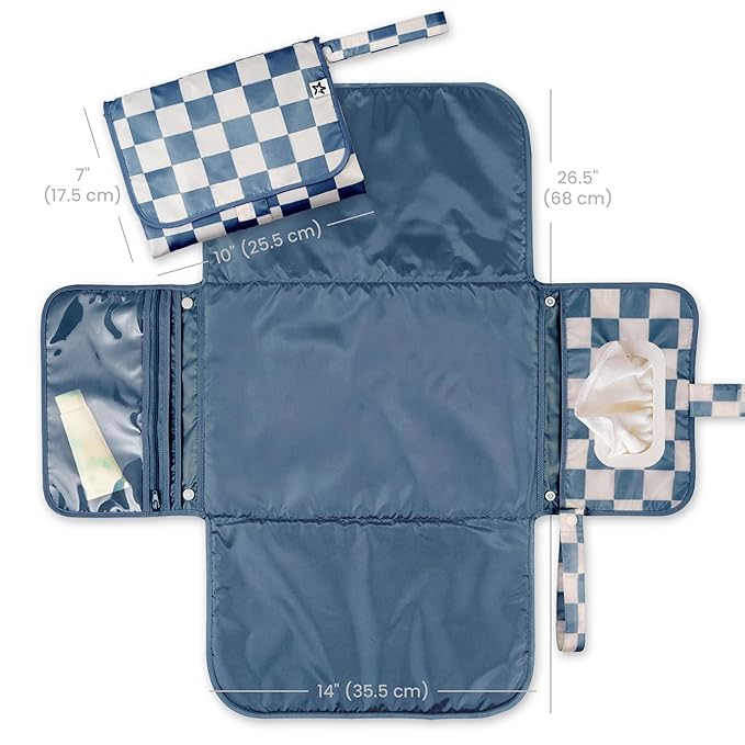 Tiny Twinkle Portable Diaper Changing Pad | Waterproof, Wipeable & Compact Baby Changing Pad for Travel | Smart Wipes Pocket & Organized Storage| Newborn Shower Gift (Blue Checkers)