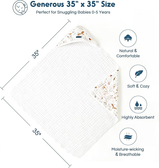 GRSSDER Ultra Soft Absorbent Muslin Cotton Baby Hooded Towel 2 Pack with Original Patterns, Extra Large Size 35"x 35" Swaddle Wrap for Newborn Infant and Toddler