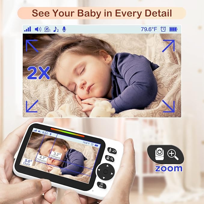 Blemil Baby Monitor with 30-Hour Battery, 5" Large Split-Screen Video Baby Monitor with Camera and Audio, 3500mAh Battery, Remote Pan/Tilt/Zoom Camera, Two-Way Talk, Night Vision, Lullabies, No WiFi