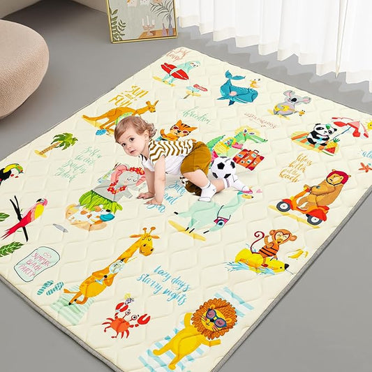 TreeBud Baby Play Mat - Thicken 71x59 Inch Soft Foam Crawling Mat for Playpen & Floor, Non-Slip Waterproof Playmats for Infants & Toddlers, Portable Foldable & Machine Washable, Beach Animals