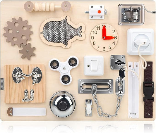 Montessori Busy Board for Toddlers 1 2 3 4 Year Old, Wooden Sensory Toys, Preschool Learning Activities for Fine Motor Skills Travel Toy, Basic Life Skills Educational Gifts for Age 1-3 Kids Boy Girl