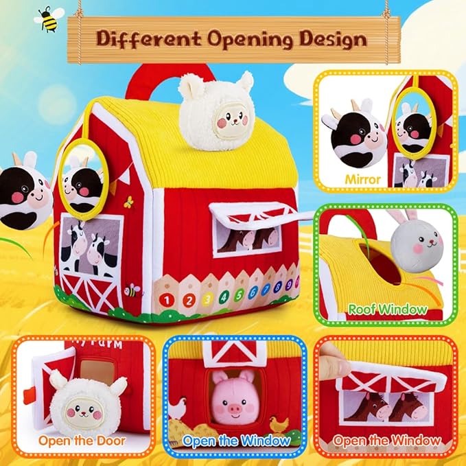 teytoy Baby Toys for Newborn 6-12 Months, Soft Barn with 6 Stuffed Farm Animals Playset for Toddlers Boys Girls 1-3 Years Baby Sensory Toys Birthday Easter Basket Stuffers Christmas Gifts