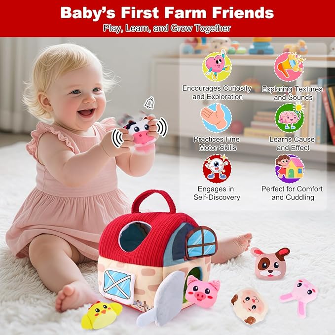 Easter Baby Toys 6–12 Months, Montessori Sensory Farm Barn with Plush Animals, Rattles, Crinkle Paper & Mirror – First Birthday Gift, Easter Basket Stuffer for Babies