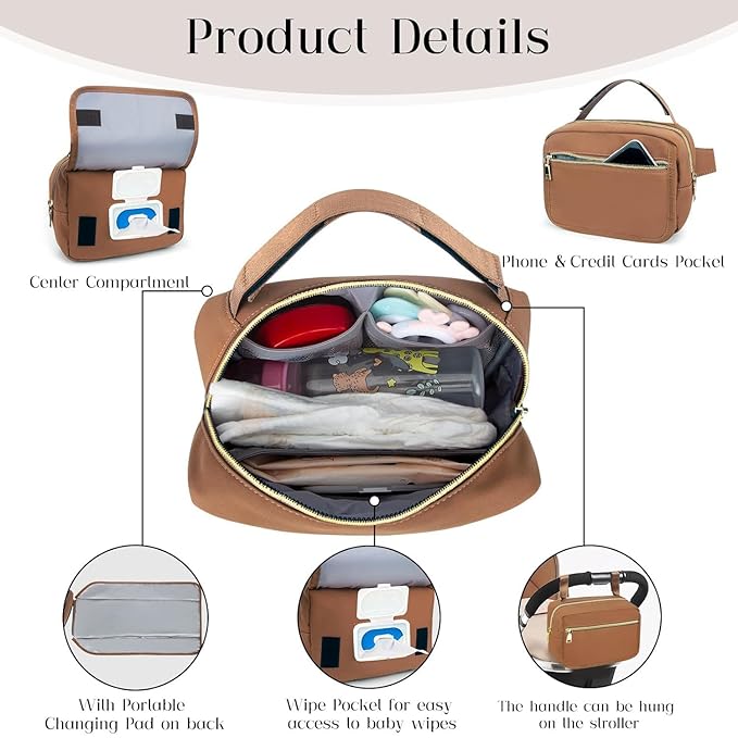 printe Small Diaper Bag with Portable Changing Pad, Crossbody Women Waist Bag with Wipes Pocket for Travel, Stroller Diaper Fanny Pack, Brown