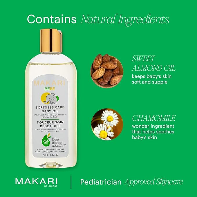 Makari Softness Care Baby Oil with Sweet Almond, Chamomile & Vitamins C & E | Hypoallergenic & Paraben-Free | Ideal for All Skin Types | Gentle Formula for Sensitive Newborn Skin