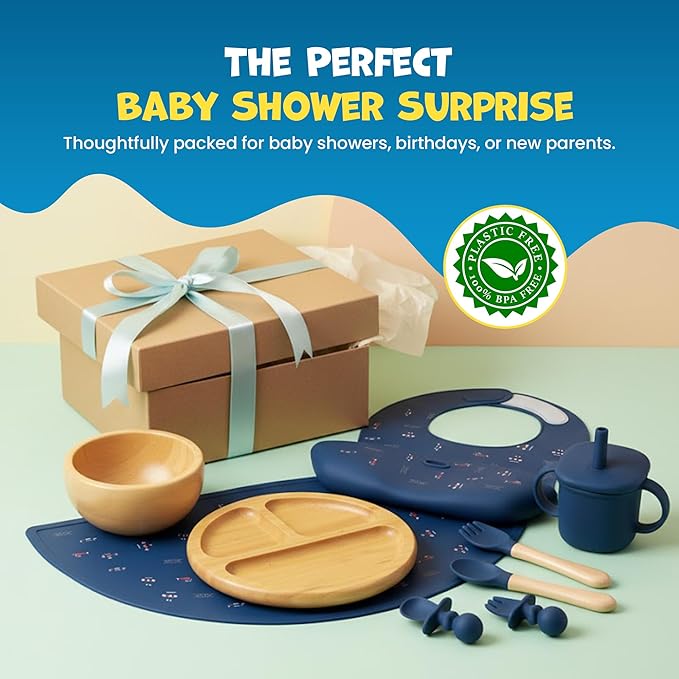 Bamboo & Silicone Baby Feeding Set 8 PCS | Baby Led Weaning Supplies Self Feeding | Divided Suction Plate Bowl Bib Sippy Cup with Straw Utensils Baby Bowls and Spoons Toddler Feeding (Midnight Blue)