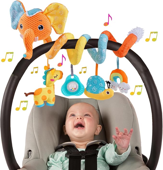 Car Seat Toys for Baby, Spiral Activity Stroller Toy for Infants 0-6 Months, Hanging Baby Toys Crib for Newborn 0 3 6 12 Months Developmental Toy with Music Box Rattle Squeaker- Orange Elephant