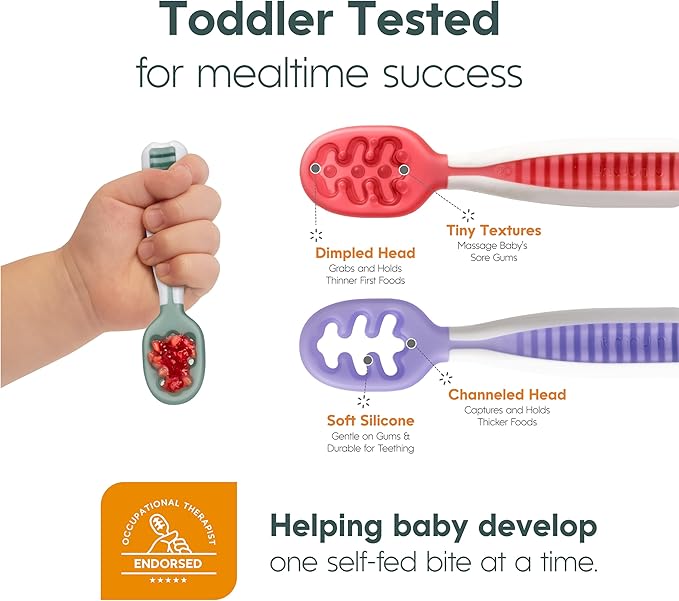 NumNum Baby Spoons Set, Baby Essentials Pre-Spoon GOOtensils for 6+ Months, First Stage Self-Feeding Spoons for Baby Led Weaning (BLW), Silicone Toddler Utensils, BPA-Free, 6 Pack Rainbow