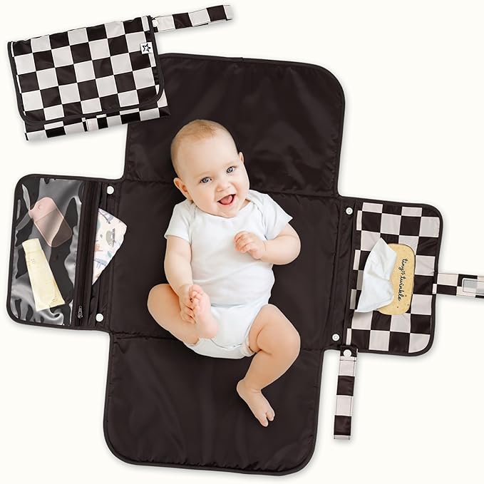 Tiny Twinkle Portable Diaper Changing Pad | Waterproof, Wipeable & Compact Baby Changing Pad for Travel | Smart Wipes Pocket & Organized Storage| Newborn Shower Gift (Black Checkers)
