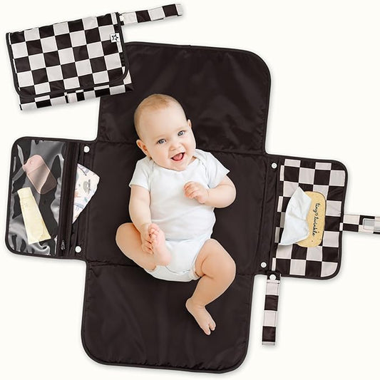 Tiny Twinkle Portable Diaper Changing Pad | Waterproof, Wipeable & Compact Baby Changing Pad for Travel | Smart Wipes Pocket & Organized Storage| Newborn Shower Gift (Black Checkers)