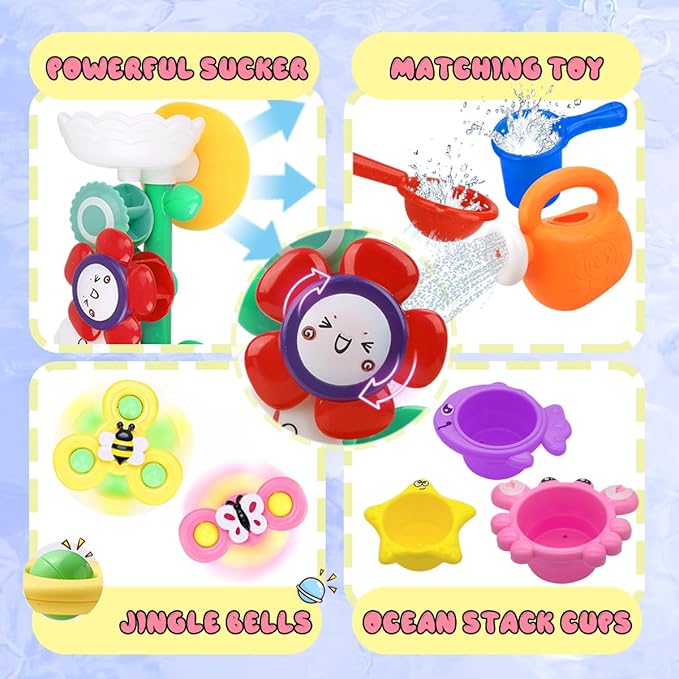 Baby Girl Bath Toys for Kids Ages 1-3 Water Table Suction Spinning Tub Toys Toddler Bathtub Toys with Stacking Cups for Infants 12 18 Months+