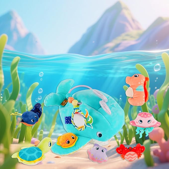 Juivin Soft Rattle Montessori Baby Toys 6-12 Months, Soft Barn Ocean Playhouse with 6 Stuffed Animals, Sensory Development Activity, Toddler Learning Toys (Ocean Whale)