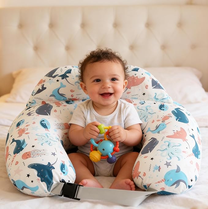 BABYLIAN Nursing Pillow for Breastfeeding,Ergonomic Baby Feeding Pillows with Removable Washable Cotton Slipcover, Adjustable Waist Strap,Plus Size,More Support for Mom and Baby(Underwater World) 新品