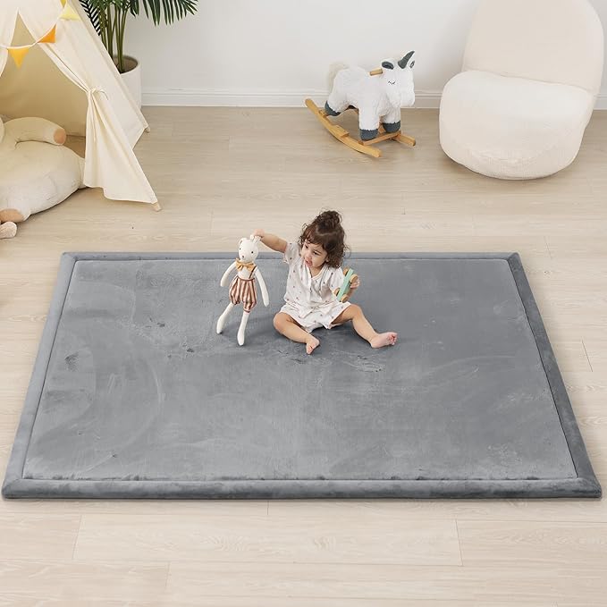 1.5" Thick Padded Baby Play Mat for Floor Tummy Time, Pro Soft Foam Activity Playroom Playmats, Easy Care with Non-Slip Safe for Infant Toddler Kids Crawling 59"x 71" (Dark Grey)
