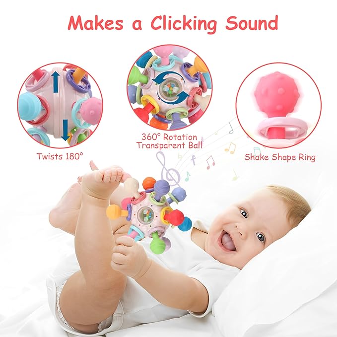 Baby Teething Toys - Infant Sensory Chew Rattles Toys - Newborn Montessori Learning Developmental Toy - Teethers for Babies 0 3 6 9 12 18 Months - Shower Gifts for 1 2 One Two Year Old (Pink)