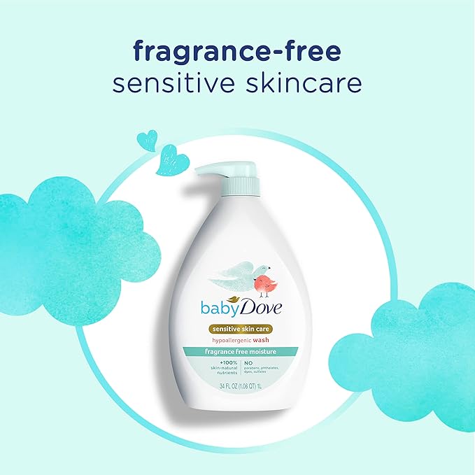 Baby Dove Sensitive Skin Care Baby Wash Fragrance Free Moisture For Baby Bath Time Fragrance Free and Hypoallergenic, Washes Away Bacteria 34 oz (Pack of 1)