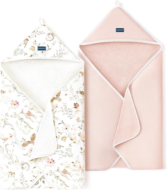 GRSSDER Baby Hooded Towel 2 Pack for Newborn, Super Soft Bath Towels with Original Design, Ultra Absorbent Knit Terry, Large Toddler Towels with Hood for Girls, Shower Gifts for Infant, 34"x 34"