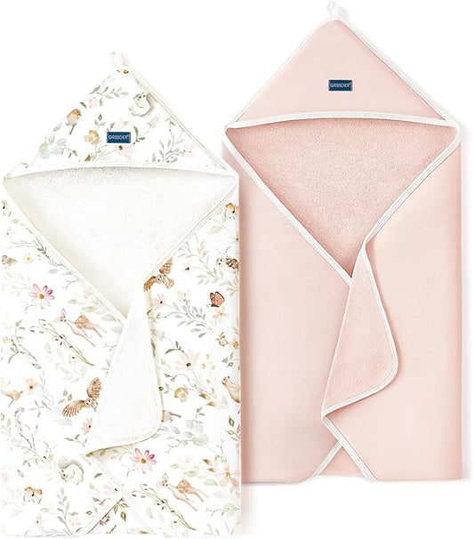 GRSSDER Baby Hooded Towel 2 Pack for Newborn, Super Soft Bath Towels with Original Design, Ultra Absorbent Knit Terry, Large Toddler Towels with Hood for Girls, Shower Gifts for Infant, 34"x 34"