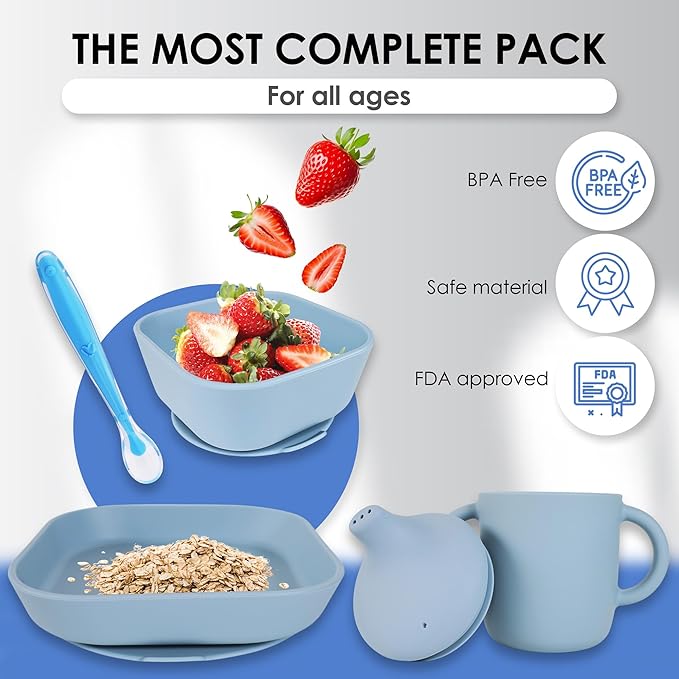 Bluet B Baby Feeding Set – 4 PCS Silicone Tableware with Suction Plate, Bowl, Cup & Spoon - Extra-Thick Premium Silicone, BPA-Free, Food Grade, Microwave & Dishwasher Safe