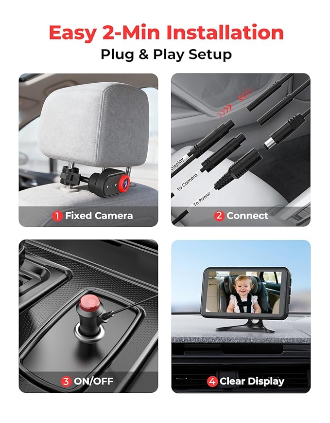 BM2A Baby Car Camera, Night Vision & 5.2" 1080P Display for Rear-Facing Car Seats, Easy No-Damage Install, Patented Anti-Shake Mount – Ideal for Parents and Pet Owners