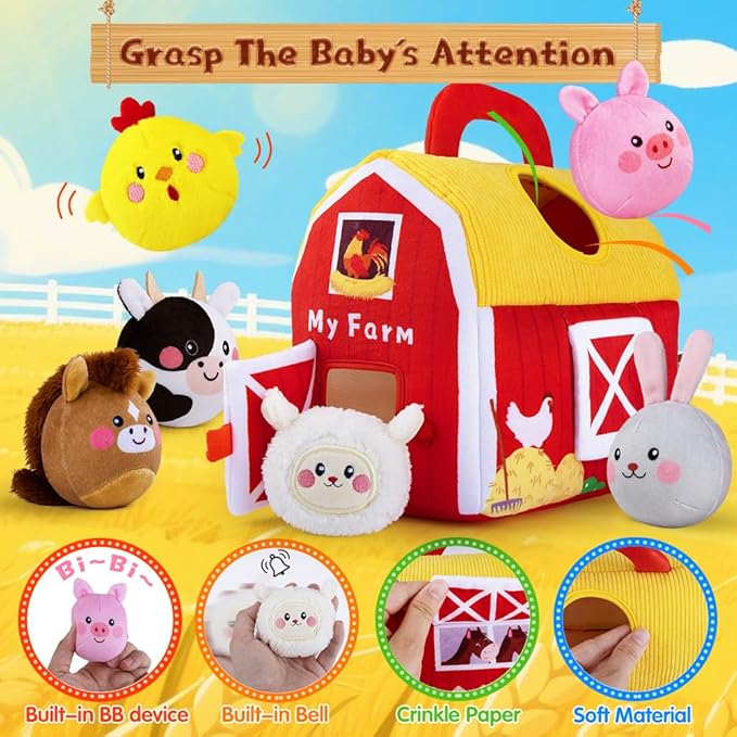 teytoy Baby Toys for Newborn 6-12 Months, Soft Barn with 6 Stuffed Farm Animals Playset for Toddlers Boys Girls 1-3 Years Baby Sensory Toys Birthday Easter Basket Stuffers Christmas Gifts
