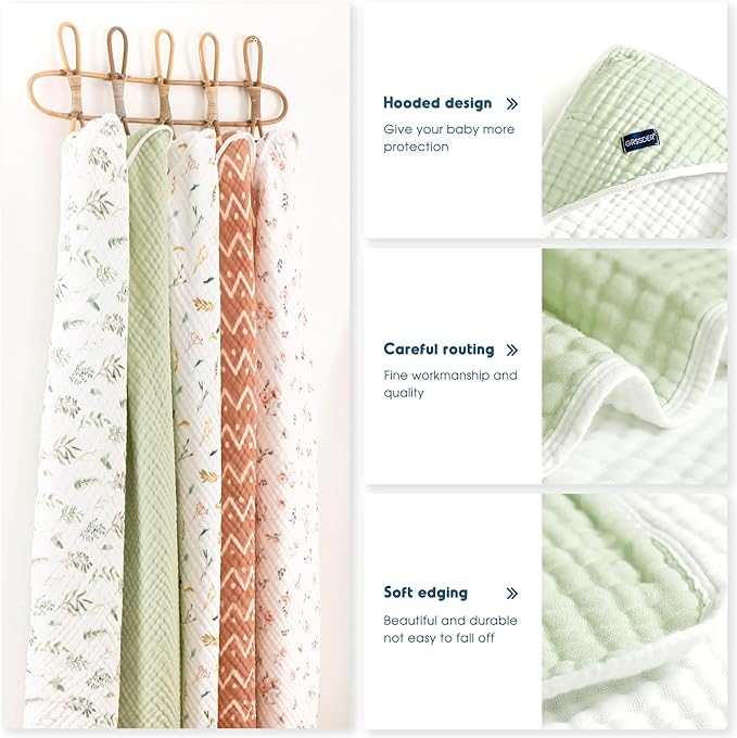 GRSSDER Ultra Soft Absorbent Muslin Cotton Baby Hooded Towel 2 Pack with Original Patterns, Extra Large Size 35"x 35" Swaddle Wrap for Newborn Infant and Toddler