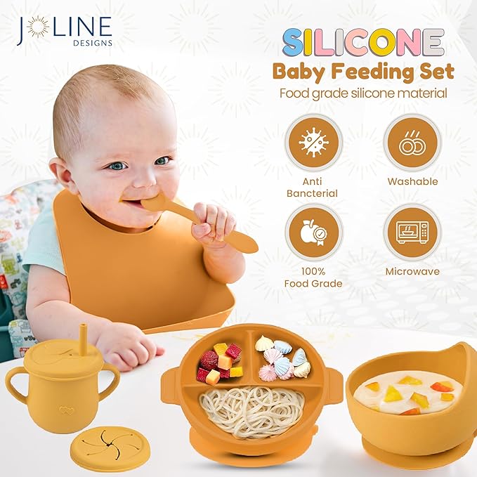 Joline Designs Silicone Baby Feeding Set - Perfect silicone plates for baby & Toddler Plates with lid, Baby Bowls with Suction, Baby Utensils - Baby Led Weaning Supplies & Eating Essential - (Yellow)