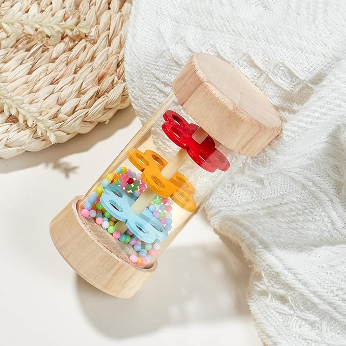 Toyssa Wooden Montessori Toys for Babies 6-12 months with Rainbow Color and Mirror Spinning Drum/Baby Shape puzzle 6-12 months/Sensory Toys Rain Rattle, Montessori Toys Gifts for Toddlers 1 Years Old