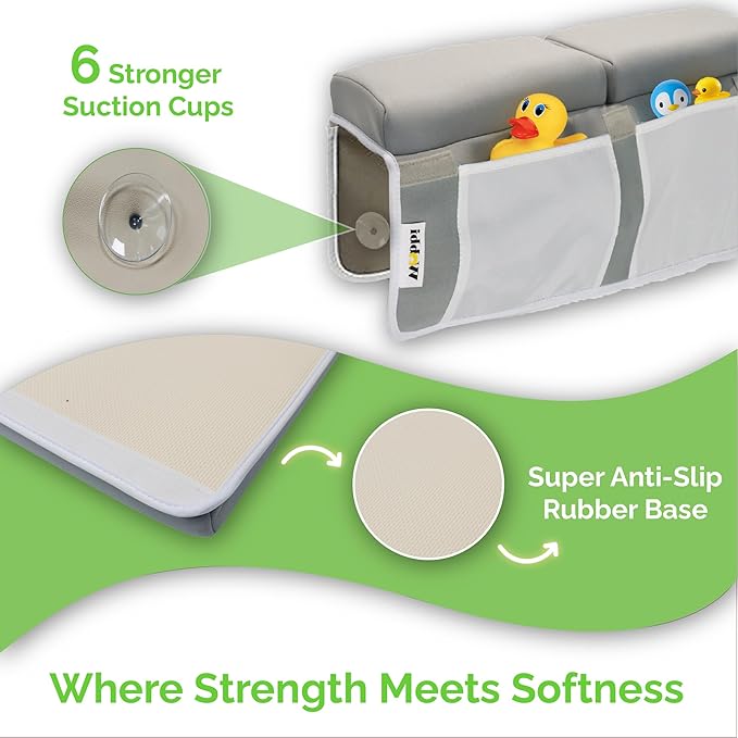 Woobi Baby Bath Kneeler and Elbow Rest Pad Set - 1.5" Thick Memory Foam Knee Pad for Bathing Babies - 6 Suction Cups Non Slip Bath Kneeling pad with Toy Storage - Foldable & Quick Drying-Grey