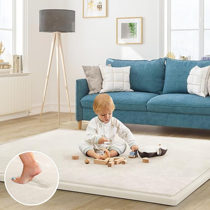 ILPEOD Baby Play Mat for Floor Tummy Time Mat Nursery Rug Muscle Mat Area Rug Playroom Rug Tatami Mat 6'7"x4'11" Memory Foam 1.3" Thick Crawling Mat for Babies,Toddlers, Infants, (Cream)