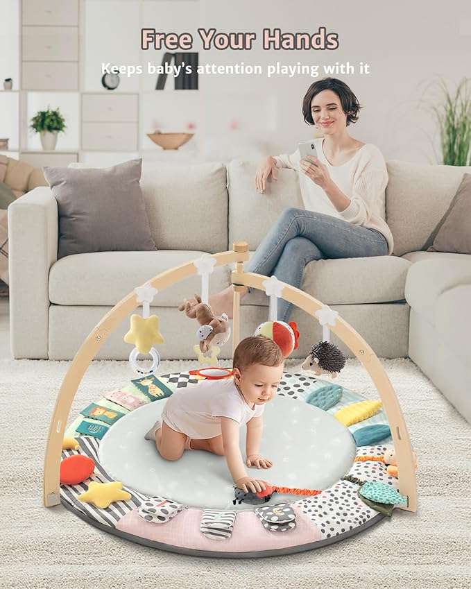 Baby Play Mat Activity Gym,6 Developmental Zones Tummy Time Mat, Foldable Wooden Baby Play Gym with 7 Detachable Sensory Toys for Newborn Brain Development, Essential Baby Shower Set
