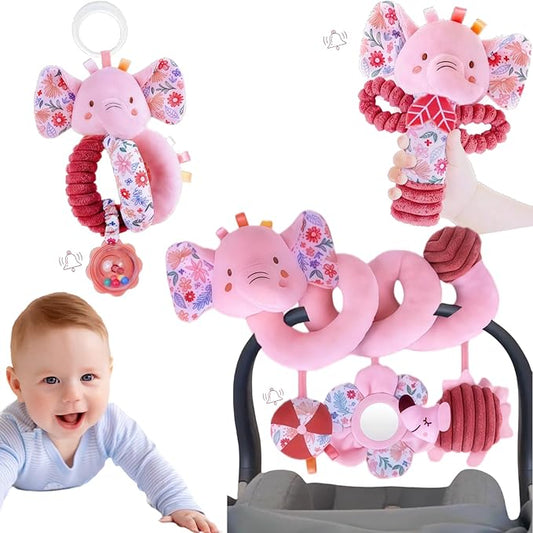 Infant Toys 0-6-12 Months Spiral Car Seat Toy, Baby Stroller Hanging Rattle Stuffed Animal Babies 0-2-3-4-5-7 Month Old Newborn Girl Valentines Gifts Easter Mirror Crinkle Pink Elephant 3PCS