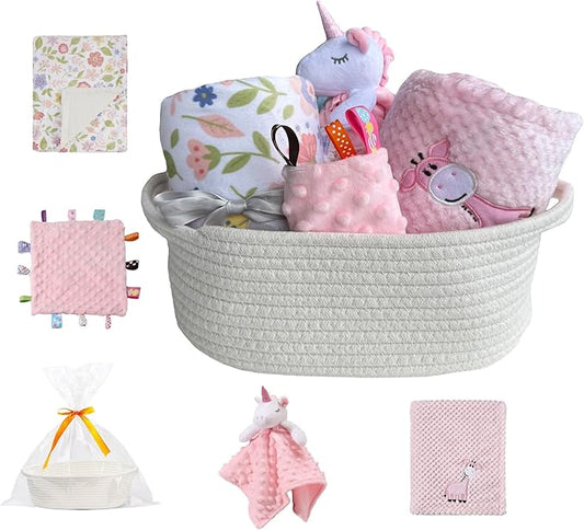 CREVENT Baby Welcome Gift Set Storage Basket with 2 Blankets+ 1 Security Blanket + 1 Taggie + 1 Gift Bag with Ribbon (Pink)