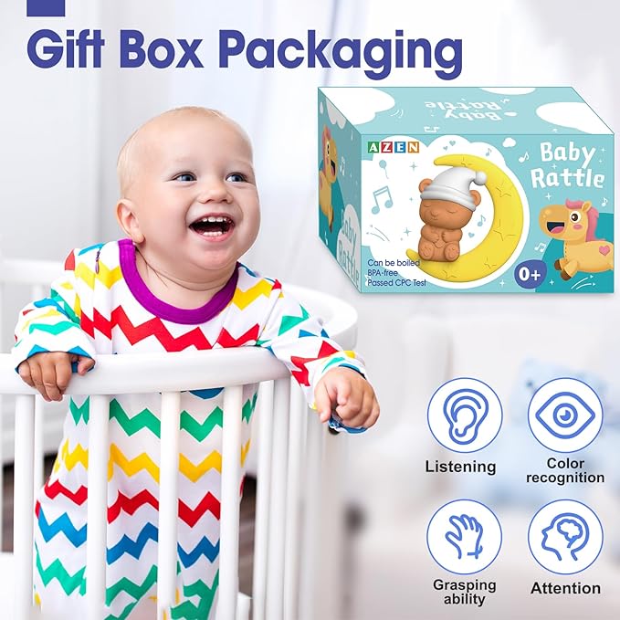 AZEN 16 Pack Baby Rattles Teething Toys 3-6 Months, Baby Toys 0-6 Months, Newborn Infant Toys 6-12 Months, Essentials Must Haves Wrist Socks Toddler Stocking Stuffers Christmas Gifts