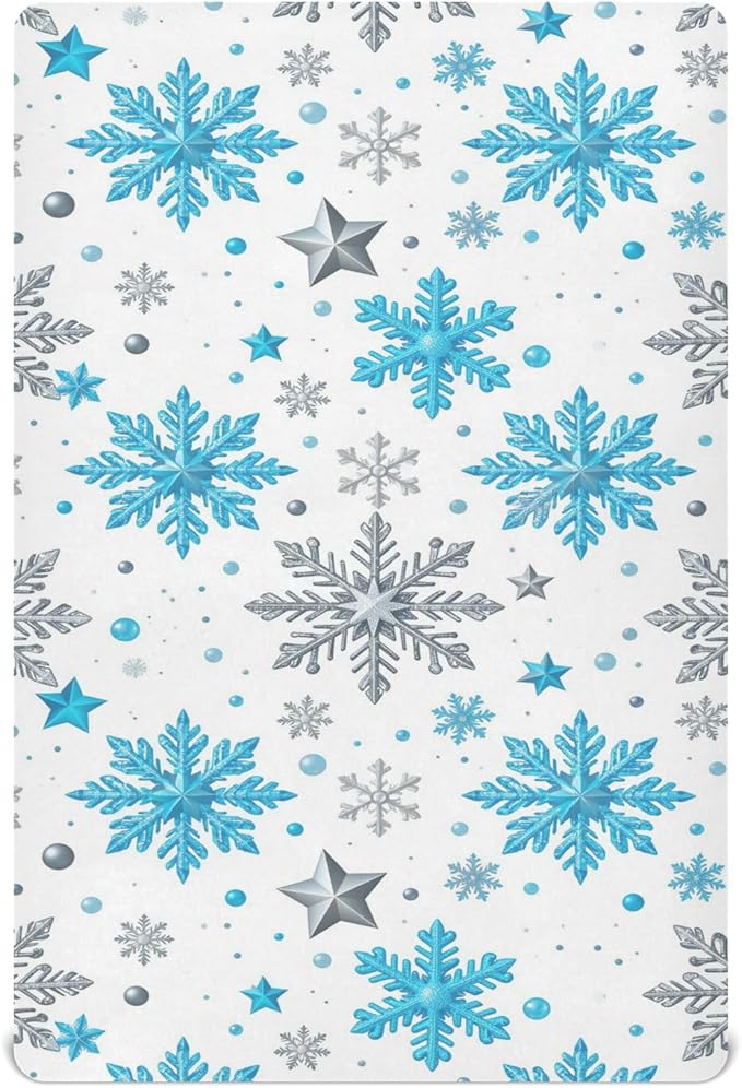 Pfrewn Christmas Crib Sheets for Boys Girls Silver and Blue Glittering Snowflakes Stars Fitted Crib Sheet for Mini Crib Mattress Stretch Soft Winter Pattern Toddler Baby Playard Sheet,39x27IN