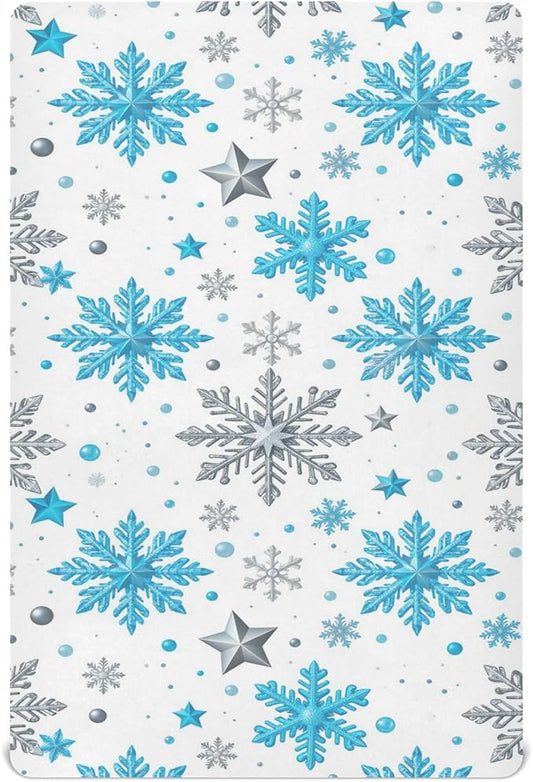 Pfrewn Christmas Crib Sheets for Boys Girls Silver and Blue Glittering Snowflakes Stars Fitted Crib Sheet for Mini Crib Mattress Stretch Soft Winter Pattern Toddler Baby Playard Sheet,39x27IN