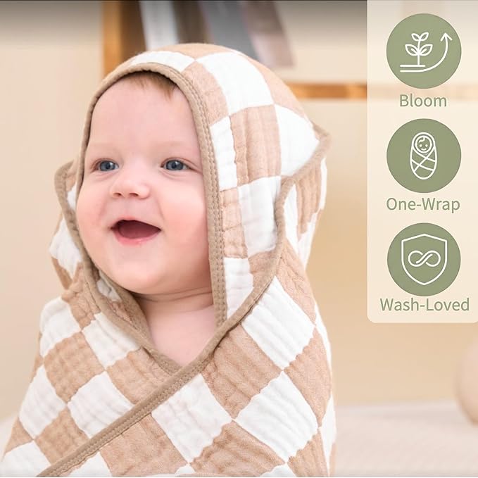 HardNok Muslin Baby Towel Set, 4-Piece Newborn Gift with 2 Bath & 2 Washcloths, Baby Shower Ready, Earthy Botanicals Theme 32" X 32"