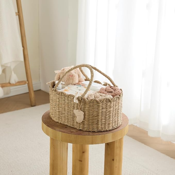 YANGQIHOME Diaper Caddy Organizer, Seagrass Nursery Baby Basket for Baby Essentials, Scalloped Wicker Diaper Caddy, Baby Shower Gifts (MeadowNest)